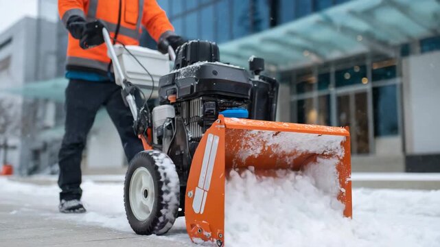 171Side-angle view of municipal worker pushing snow blower along icy sidewalk, bright orange jacket contrasting with white snow and falling flakes