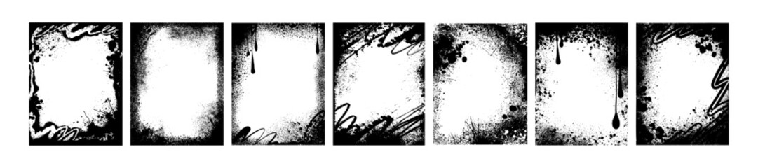 Graffiti banner frame set, hand drawn spray effect border, brush stroke box kit, urban art overlay. Grunge messy acrylic splash, dark ink stain decoration, blank photo rectangle. Airy graffiti frame © Oleksandra