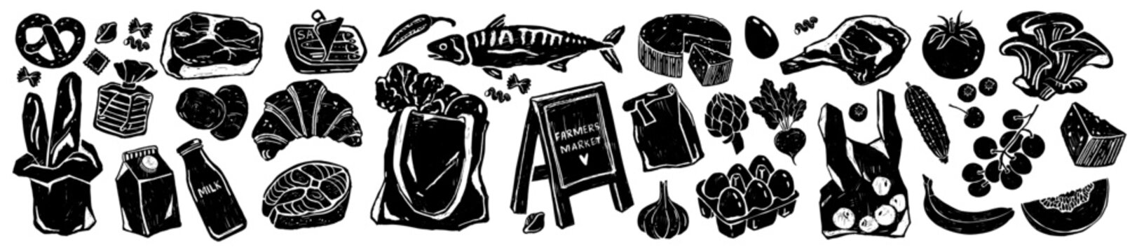 Groceries food icon set, hand drawn local farm product illustration, fresh meat vegetables fruit print. Organic healthy meal shopping illustration, bakery, milk, store bag. Engraving groceries food