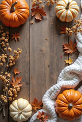 Cozy autumn still life with pumpkins, flowers, and a warm knitted blanket, mockup, product mockup