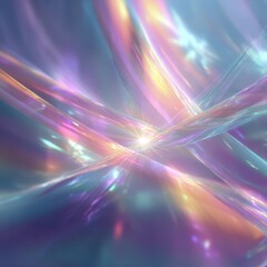 Shining light refracting through iridescent material creating rainbow colors and beams of light on a grey background