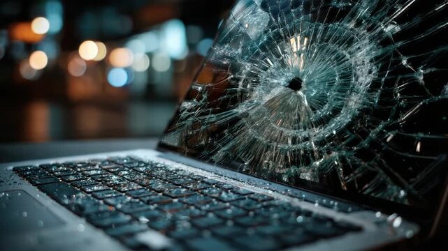A close-up of a laptop with a shattered screen, keys, with a blurry background of lights