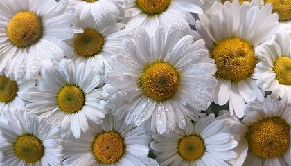 Obraz premium Floral Background Of Chamomile Or Chrysanthemum Flowers In Dew Drops Vertical Banner Or Wallpaper Selective Focus