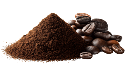 Pile of freshly ground coffee next to whole roasted beans, cut out transparent