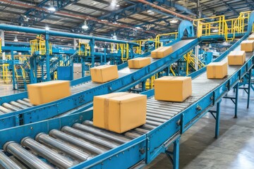 Obraz premium Efficient conveyor belt system transporting cardboard boxes in a modern warehouse setting showcasing automation in logistics and supply chain management captured with clarity