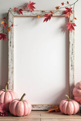 Autumnal still life with pumpkins, wood slices, and decorative elements, mpckup, product mockup
