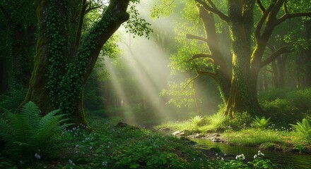 Obraz premium Sunlit Forest: A captivating display of nature's beauty, where sunlight streams through the lush canopy of a vibrant forest, illuminating the green foliage and creating a mesmerizing ambiance.