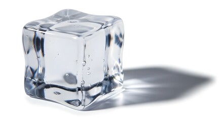 Transparent ice cube with soft shadow, isolated on white background, close-up realism.
