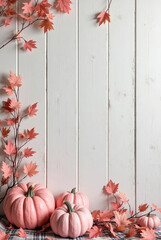 Autumnal still life with pumpkins, wood slices, and decorative elements, space for text, product mockup
