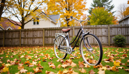 Fototapeta premium Classic bicycle parked in autumn leaves in a backyard garden 