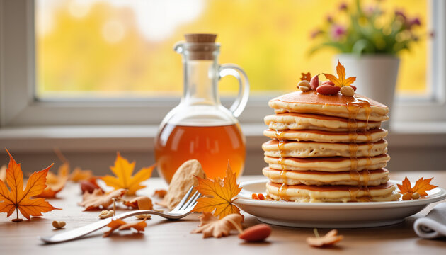 Stacked pancakes with syrup and autumn leaves on wooden table   - Powered by Adobe