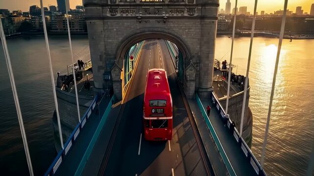 A Captivating View of a Red Double-Decker Bus Crossing Tower Bridge at Sunset, with the City Skyline Reflected in the Calm Waters Below.