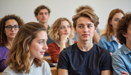 Obraz premium Group of young students listening attentively in classroom setting 