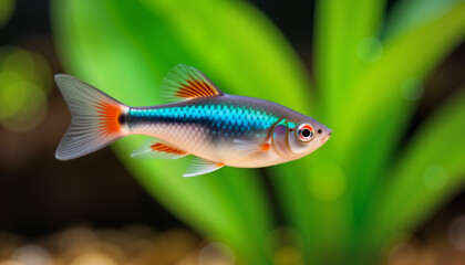 Fototapeta premium Colorful fish swimming gracefully among aquatic plants in aquarium 