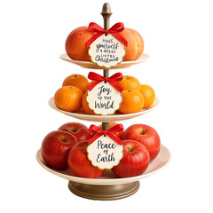 Seasonal fruit display on a tiered stand with holiday messages  
