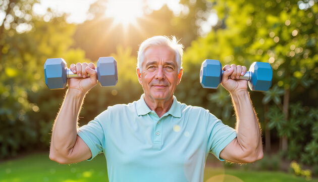 Elderly man exercising outdoors with dumbbells in sunny garden  