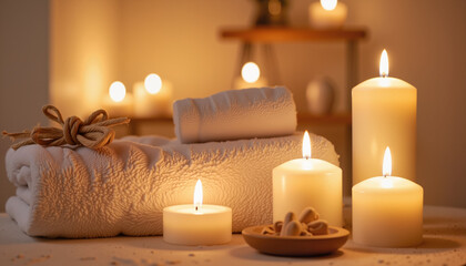 Soft towels and lit candles creating a calming spa atmosphere  