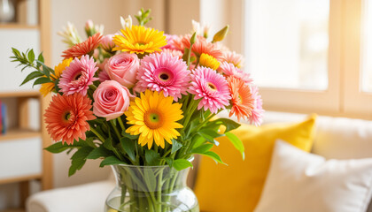 Colorful flower bouquet in a glass vase on a cozy sofa  