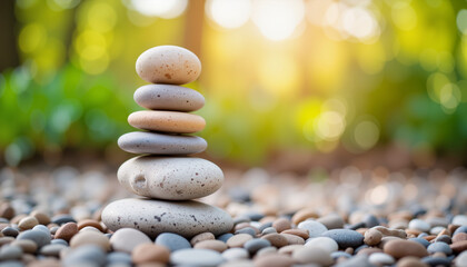 Stacked pebbles on gravel with blurred greenery in the background  