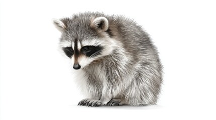 Obraz premium Shy cartoon raccoon looking down with closed posture and soft expression, realistic fur, white background