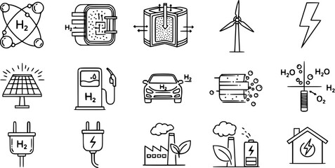 Hydrogen Fuel Cell & Alternative Energy Black Silhouette Line Icon Set: H2 Atom, Fuel Cell Stack, Filling Station, and Electrolysis Diagram Vectors.
