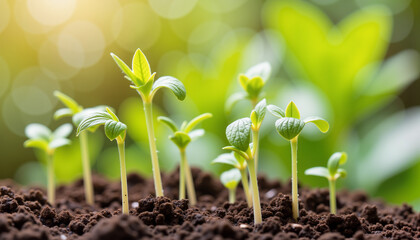 Young plant sprouts emerging from rich soil in blurred green background  