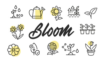 Bloom poster. Bloom poster design with Flower, Watering Can, Sprout, Sunflower, and Potted Plant icons. Simple poster for presentations, covers. Banner template. Vector illustration.