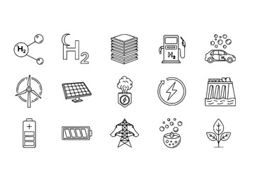 Hydrogen Fuel Cell & Alternative Energy Black Silhouette Line Icon Set: H2 Atom, Fuel Cell Stack, Filling Station, and Electrolysis Diagram Vectors.