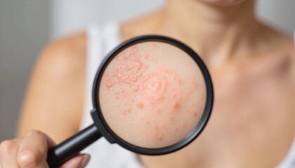 Woman examining skin condition through magnifying glass indoors  
