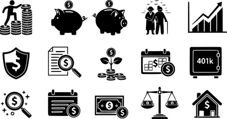 Financial Wellness & Retirement Planning Black Silhouette Icon Set: Savings Growth, Piggy Bank, Elderly Couple, and Compound Interest Corporate Vectors.