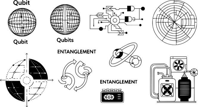 Quantum Computing Black Silhouette Abstract Icon Set: Qubit, Quantum Circuit, Entanglement Symbol, and Cryogenic Unit Minimalist Technical Vectors.