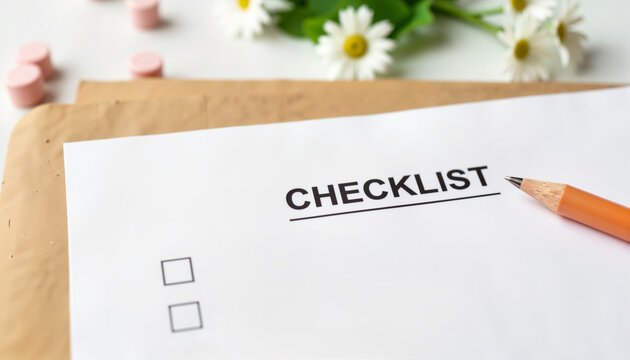 Checklist on paper with pencil and daisy flowers on table  