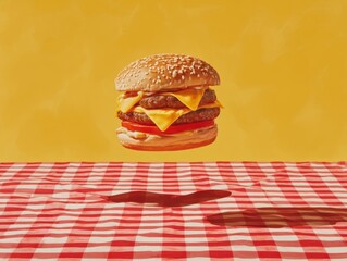 Double Cheeseburger with Two Patties and Melted Cheese Levitating Above a Red Gingham Picnic Blanket, Casting Shadows on Sunny Yellow Background