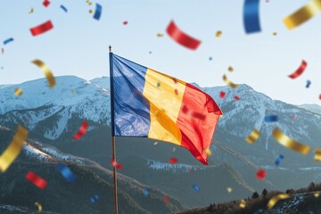 Romanian flag waving proudly among snowy Carpathian Mountains during Great Union Day celebrations with confetti and glitter,December 1