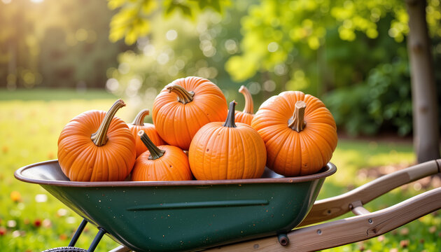 Fresh pumpkins in a wheelbarrow on green grass in autumn sunlight  