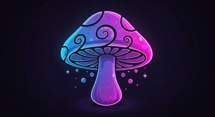 Fototapeta premium A luminous, stylized mushroom with swirling patterns on its cap radiates a magical aura against a deep, dark background, fantasy illustration
