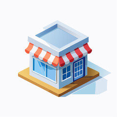 Isometric illustration of a small commercial building with red and white awning