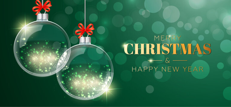 Elegant Green Merry Christmas and Happy New Year Background with Glass Ornaments and Gold Text. Vector Illustration.