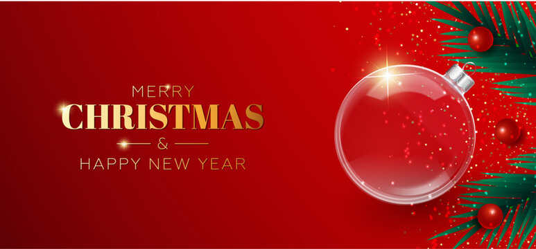 Merry Christmas and Happy New Year Red Background with Gold Text and Glass Ornament Vector Illustration