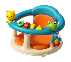 A rotating baby bath seat with vibrant toys to entertain infants during bath time.