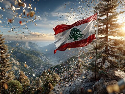 Lebanon Independence Day November 22 Celebration with Flag Waving in Sunset Mountains and Confetti Sky - Powered by Adobe