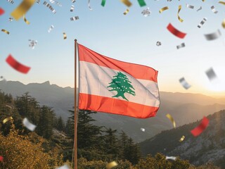 Lebanon Independence Day November 22 Celebration Flag Waving with Confetti over Majestic Mount Lebanon Mountains at Golden Sunset
