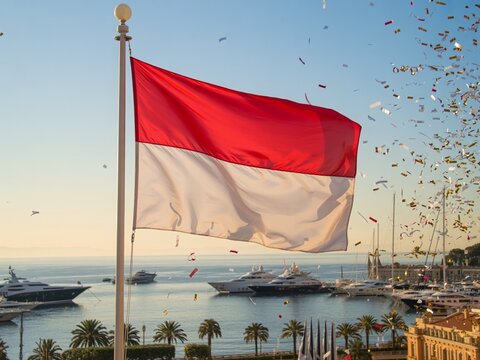 Monaco flag proudly waving above Monte Carlo harbor and Mediterranean coast with confetti and golden glitter celebrating National Day in November 19 - Powered by Adobe