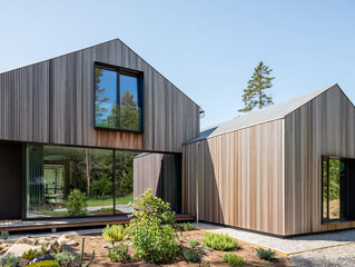 Fototapeta premium Contemporary wooden house with vertical cladding and large glass windows in natural setting 