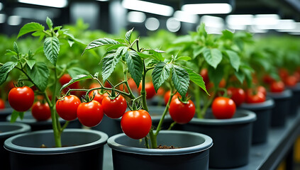 Close up of cherry tomatoes growing in pots in a greenhouse, showcasing sustainable agriculture and urban farming