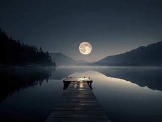 Serene Lake Landscape Full Moon Night, Wooden Dock Extends Calm Water, Mountains Reflecting Moonlight, Clear Sky Over Forest Shoreline