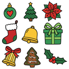 Cute Cartoon Christmas Icons: Tree, Stocking, Ornament, Holly & Bell Vector