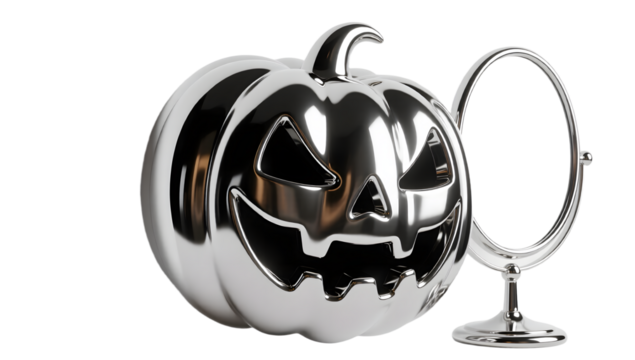 A 3D rendered chrome Halloween mirror  HDRI reflection glossy surface plain white backdrop