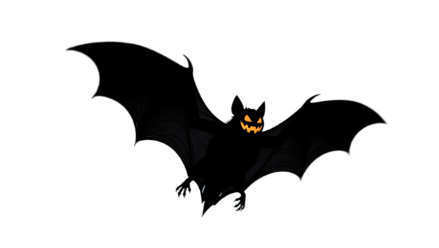 A black Halloween bat silhouette in motion full view centered on dark grey gradient cinematic lighting high detail