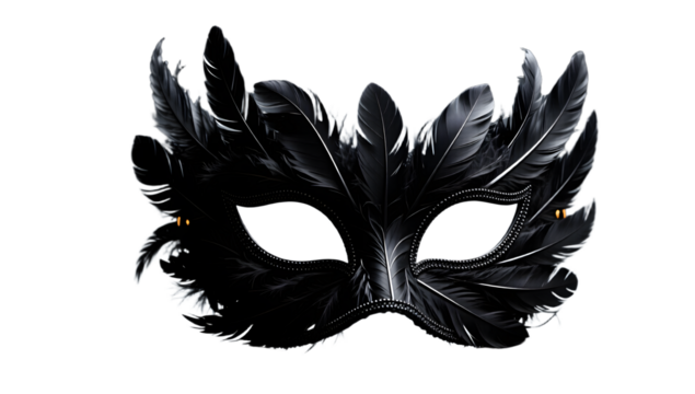 A black Halloween mask made of feathers full view centered on dark grey gradient dramatic lighting high detail